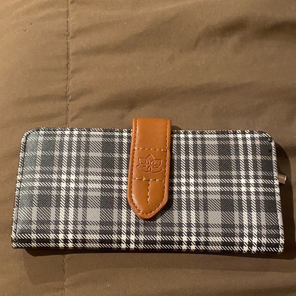 Plaid Wallet with Brown Accent